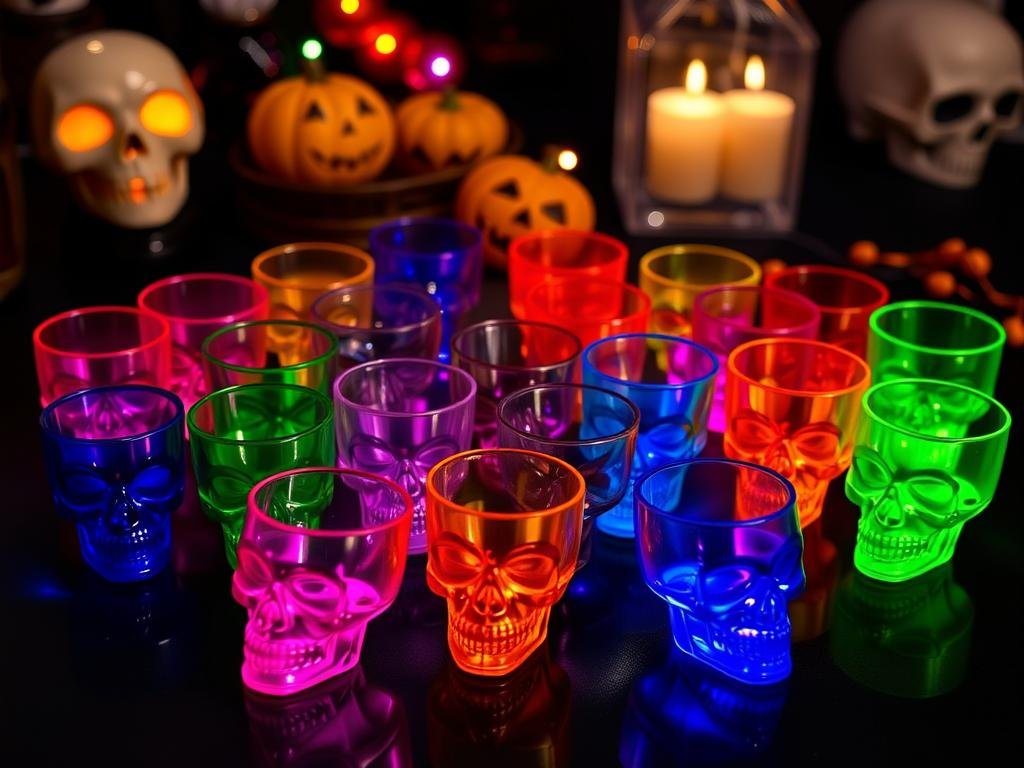 Set of colorful skull-shaped shot glasses for Halloween parties