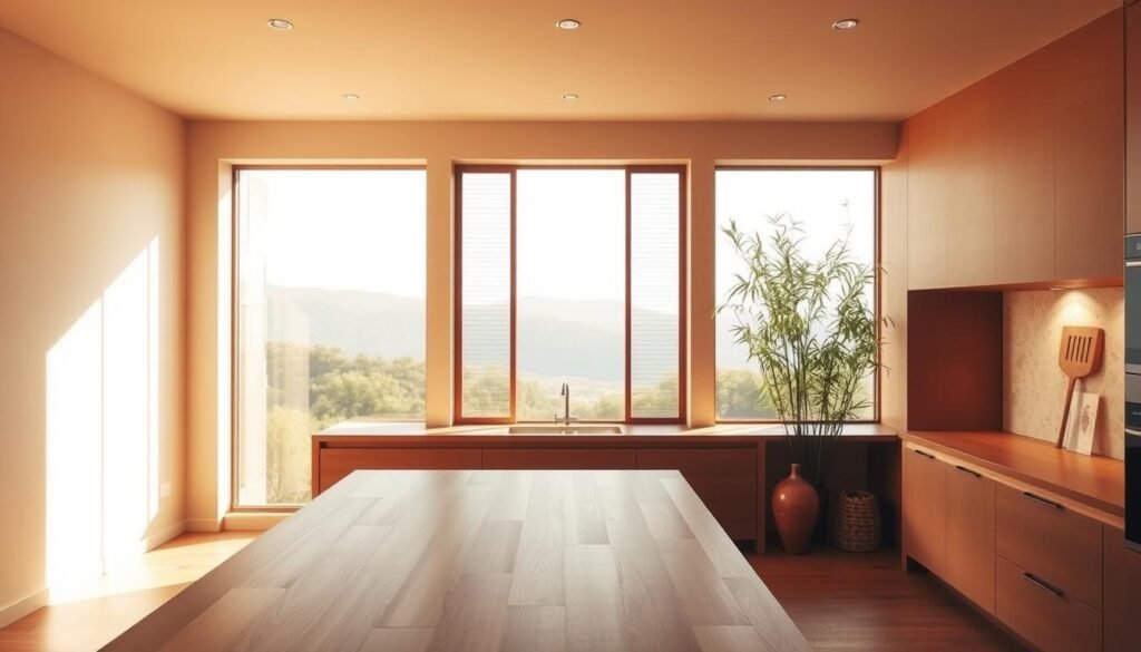 Zen kitchen design with a harmonious color palette, featuring warm earthy tones and natural textures. Soft, diffused lighting illuminates the space, creating a calming ambiance. The foreground showcases a sleek, minimalist kitchen island with clean lines and a wooden countertop. In the middle ground, a set of tall, narrow windows frames a serene outdoor landscape, blending the interior and exterior. The background subtly incorporates natural elements, such as a bamboo plant and a smooth stone accent wall, complementing the overall zen-inspired aesthetic.