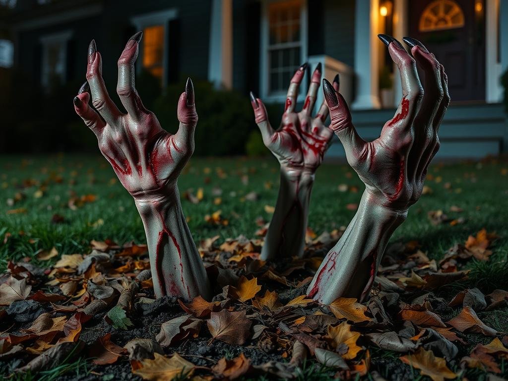 Zombie arm yard stakes emerging from the ground for Halloween