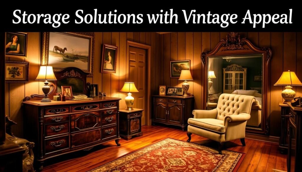 a cozy vintage bedroom interior, dimly lit with warm, soft lighting, showcasing an antique wooden dresser with ornate carvings, a matching nightstand with a vintage lamp, and a tufted upholstered armchair in the corner. The walls are adorned with vintage framed artwork and a large, ornate mirror. Hardwood floors and a plush area rug complete the inviting, nostalgic atmosphere. The scene exudes a sense of timeless elegance and comfort, perfectly suited for the "Storage Solutions with Vintage Appeal" section.