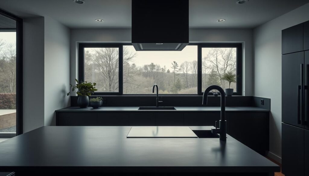 a minimalist yet sophisticated modern kitchen interior, featuring a sleek dark grey kitchen counter with simple black matte fixtures, a large window overlooking a serene outdoor view, and a few carefully placed potted plants for a touch of greenery. The lighting is soft and warm, creating a moody and inviting atmosphere. The overall aesthetic is clean, uncluttered, and emphasizes the beauty of the materials and forms. The camera angle is slightly elevated, capturing the entire space in a balanced, symmetrical composition.